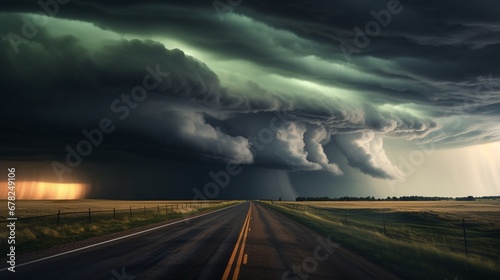 A road that goes into the distance is covered with storm clouds, producing a really striking scene. United States of America, North Dakota © juni studio