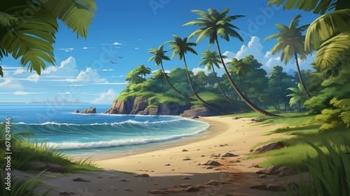 a cartoon image of a beach scene with palm trees. Fantasy concept   Illustration painting.