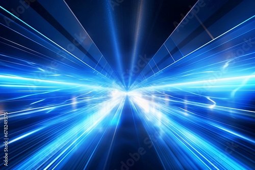abstract, science-based, futuristic energy technology. Digital picture with blue-tinged stripes, motion blur, and light beams on a dark blue background