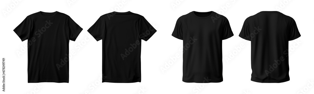 realistic set of male black t-shirts mockup front and back view isolated on a transparent background, cut out realistic set of male black t-shirts mockup front and back view isolated on a transparent background, cut out