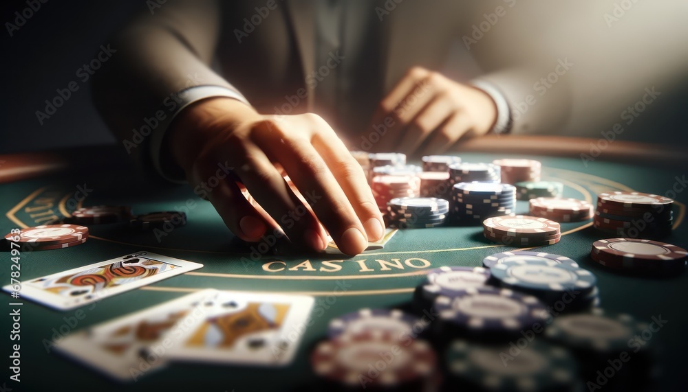 Player in casino, cards and poker chips on green felt table, closeup Player in casino, cards and poker chips on green felt table, closeup