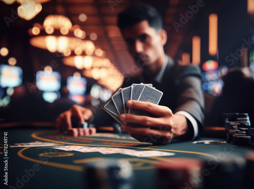 Player in casino, cards and poker chips on green felt table, closeup photo