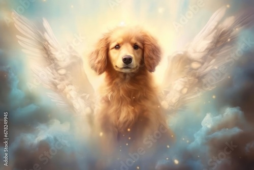 Majestic Golden Retriever with Angel Wings Soaring in the Sky Generative AI