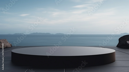 black marble podium standing on smooth wooden floor, copy space area © Furkan