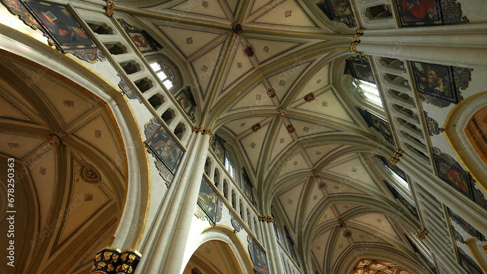 Traditional Catholic ceiling in Saint Nicholas Cathedral in Fribourg Switzerland. Ancient beauty work of art