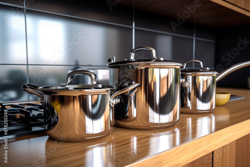 stainless steel pan in modern kitchen photo