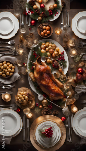 Table with dishes for a luxurious Christmas dinner seen from above