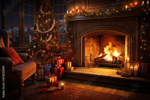 A beautifully decorated Christmas card featuring a cozy fireplace, stockings, and a festive tree. Concept of holiday warmth and tradition. Generative Ai.