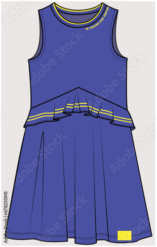 SLEEVELESS SPORTY DRESS WITH RUFFLE CASCADE DETAIL DESIGNED FOR FOR TEEN GIRL, TWEEN GIRLS AND KID GIRLS IN  VECTOR ILLUSTRATION