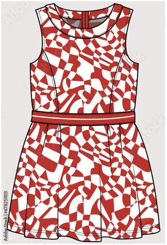 SLEEVELESS PRINCESS SEAM DETAIL SPORTY DRESS IN MONOCHROME ABSTRACT PATTERN DESIGNED FOR FOR TEEN GIRL, TWEEN GIRLS AND KID GIRLS IN  VECTOR ILLUSTRATION