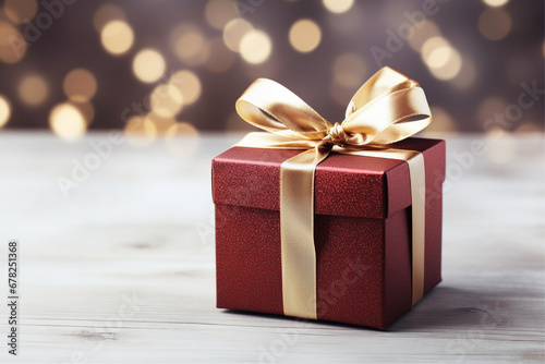 decorated gift box with golden ribbon on textured white wooden surface