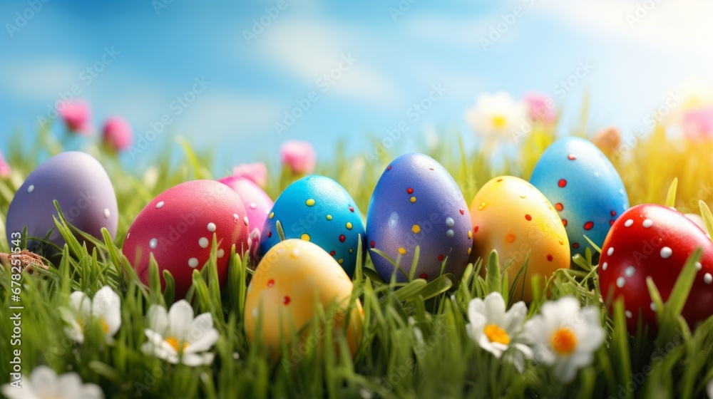 Easter celebration with vibrant spring scene and lush green grass on whiteyellow background