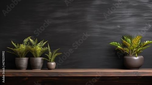 flower pot standing on wooden counter and copy paste space