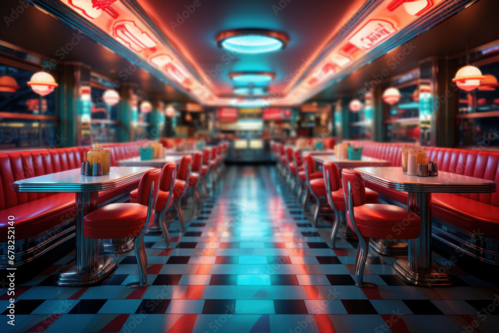 A classic American diner with checkered floors and neon signs, representing the quintessential American dining experience. Generative Ai. - obrazy, fototapety, plakaty 
