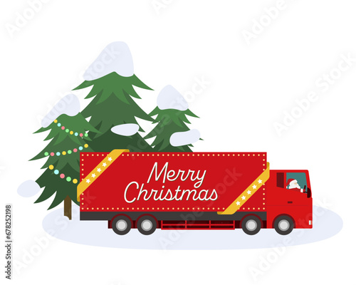 雪道を走るクリスマス広告トラックのベクターイラスト