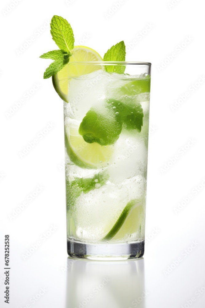 Mojito or virgin mojito long rum drink with fresh mint, lime juice, cane sugar and soda.Generative ai Mojito or virgin mojito long rum drink with fresh mint, lime juice, cane sugar and soda.Generative ai