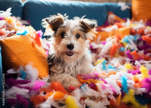 A Cute Destructive Pooch Enjoying a Cozy Nest of Soft Feathers and Stuffing it's Just Ripped Out of the Couch photo