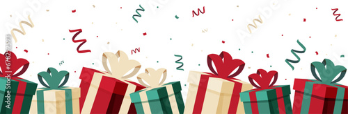 Cadeaux et confettis pour les fêtes de Noël - Illustrations vectorielles festives pour célébrer les fêtes de fin d'année - Cadeaux emballés et bolduc - Décorations de Noël - Vert, rouge et beige 