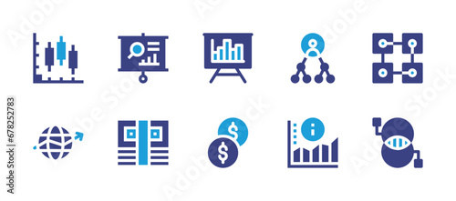 Business icon set. Duotone color. Vector illustration. Containing stats, economy, presentation, bills, bitcoin, pie chart, hierarchy, graphic, diagram, coin.