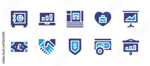 Business icon set. Duotone color. Vector illustration. Containing graphic, presentation, hand shake, performance, secure, euro, safebox, job, pound, money.