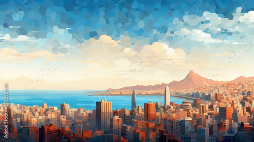 Barcelona city skyline, a painting of a view of a city at sunset, detailed clouds, full color illustration, office decor, living room art, Generative AI