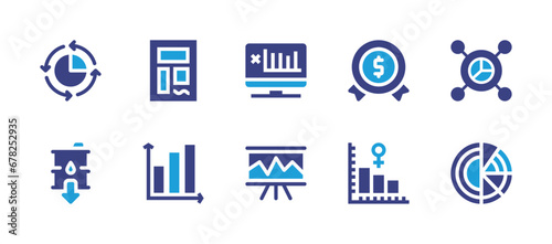 Business icon set. Duotone color. Vector illustration. Containing pie chart, achievement, fuel, bar chart, statistics, stats, agreement, circular chart.