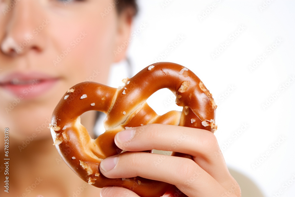 Close-Up of Woman's Mouth Enjoying Savory Pretzel Pleasure AI generated Close-Up of Woman's Mouth Enjoying Savory Pretzel Pleasure AI generated