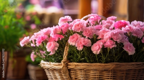 Beautiful pink Dianthus flowers in a wicker basket on the table. Springtime Concept. Valentine's Day Concept with a Copy Space. Mother's Day. photo