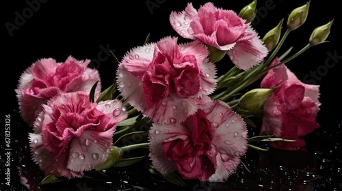 beautiful bouquet of pink carnation on a black background with water drops. Springtime Concept. Valentine's Day Concept with a Copy Space. Mother's Day.