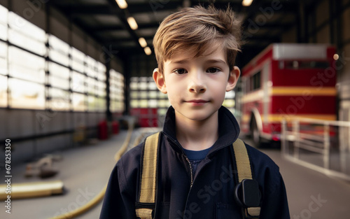 child in firefighter costume teenager in fire protection suit Blurred fire station background Career dream ideas for children