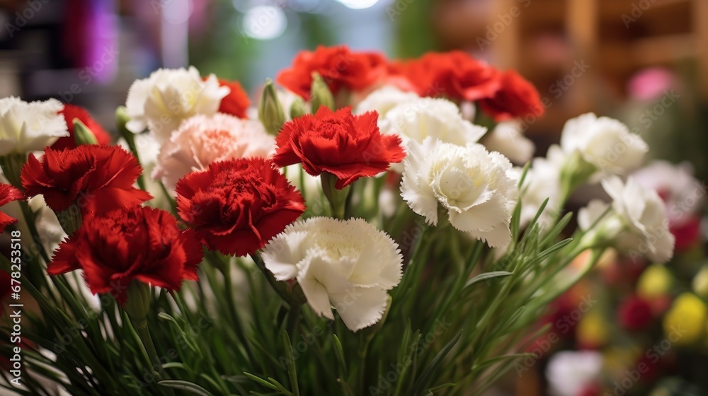 Red and white carnation flower bouquet in flower shop. Springtime Concept. Valentine's Day Concept with a Copy Space. Mother's Day.
