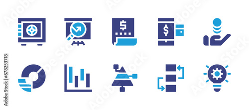 Business icon set. Duotone color. Vector illustration. Containing invoice, pyramid chart, strongbox, payment method, chart, strategy, search, bar chart, money, problem solving.