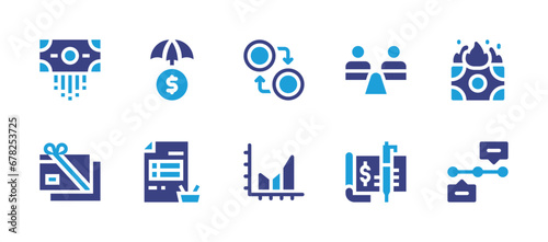 Business icon set. Duotone color. Vector illustration. Containing graphs, currency, cash, stability, gift card, cheque, investment, money, invoice, roadmap.