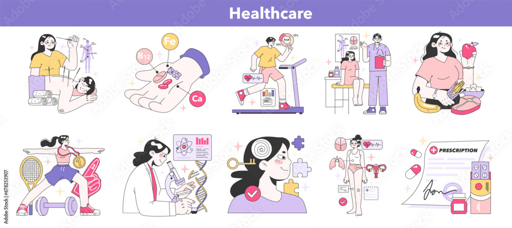 Healthcare set. Diverse wellness activities and medical check-ups. Holistic approach to well-being. Flat vector illustration