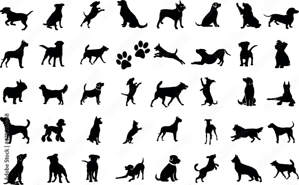Dog Silhouettes Vector Illustration: Black and white pet featuring different breeds, paw print, isolated on white background. Perfect for dog lovers, pet businesses, and animal themed designs