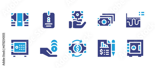 Business icon set. Duotone color. Vector illustration. Containing safebox, income, id card, money, get money, money flow, chart.