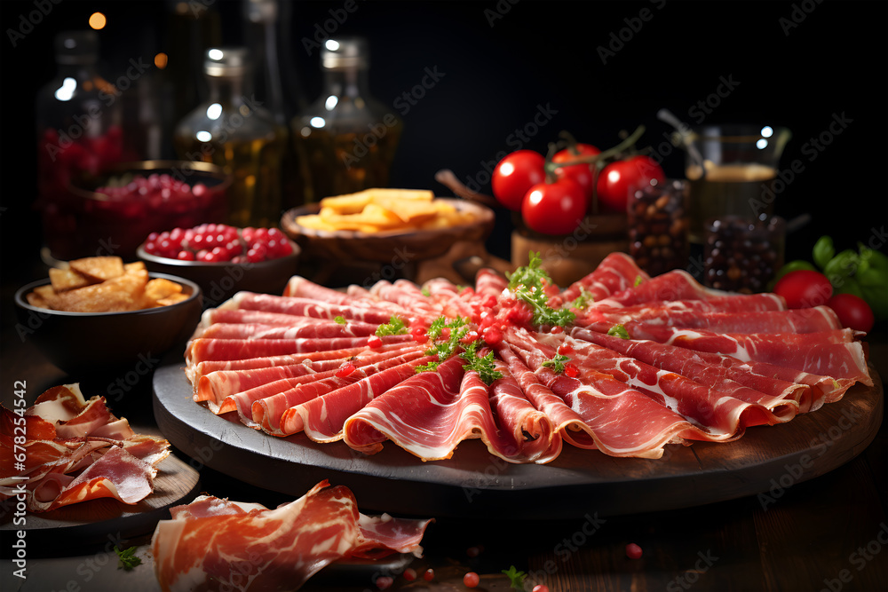 Italian prosciutto or Spanish jamon with rosemary on a black plate.