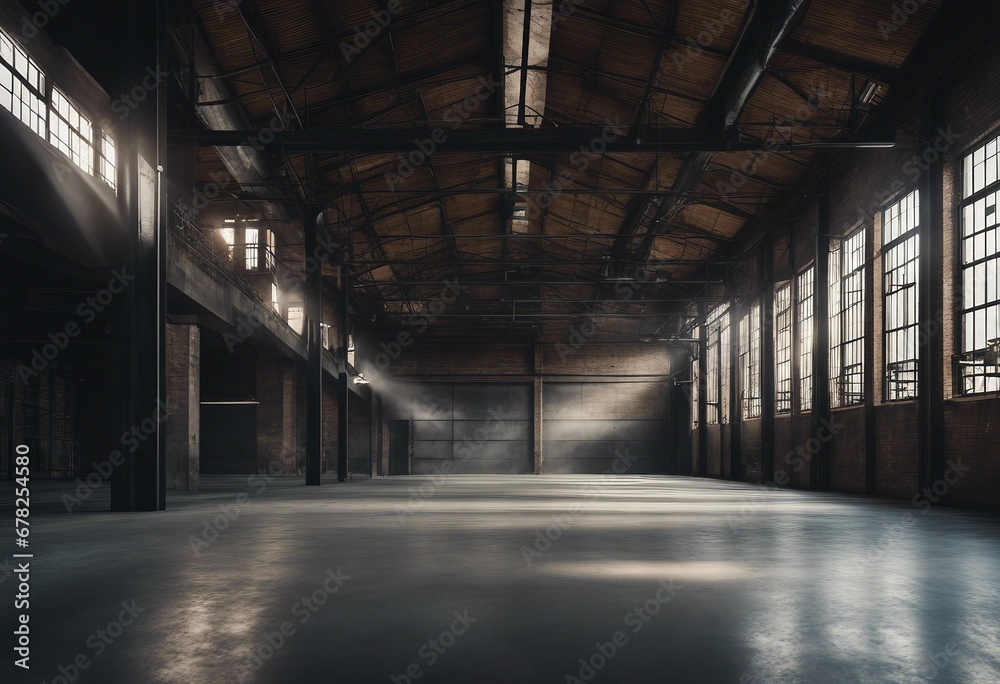 Industrial loft style empty old warehouse interior brick wall concrete floor and black steel roof