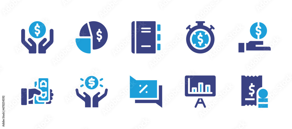 Business icon set. Duotone color. Vector illustration. Containing pie chart, investment, time is money, salary, cash, bar, agenda, conversation, revenue, tax.
