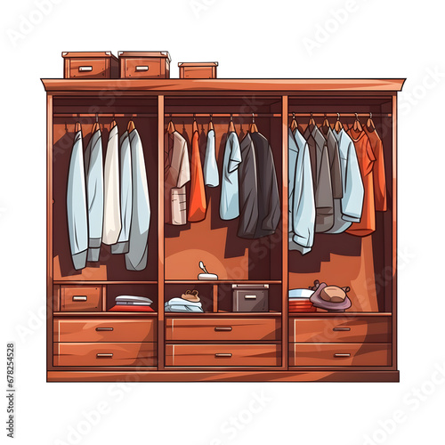 Close open wardrobe. Wardrobes with clothes and shoes, packaging boxes. Isolated wooden cupboard illustration.
