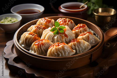 Veg steam momo. Nepalese Traditional dish Momo stuffed with vegetables and then cooked and served with sauce over a rustic wooden background, selective focus photo