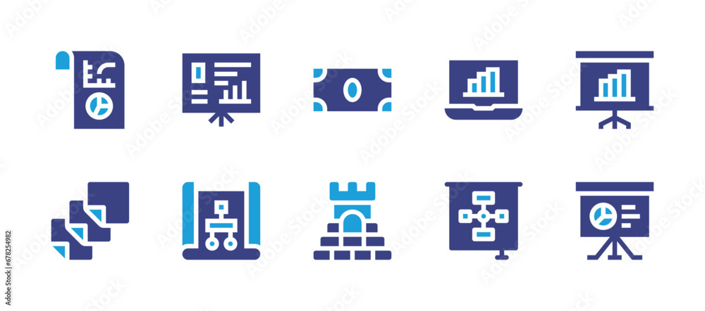 Business icon set. Duotone color. Vector illustration. Containing dollar, tower, report, bar chart, notes, board, flow chart, presentation, project, data analysis.