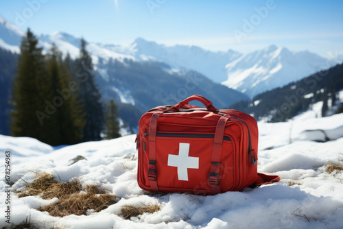 First aid kit in frosty alpine setting background with empty space for text