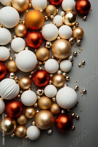 hristmas frame with yellow and red balls, golden festoons. AI generative