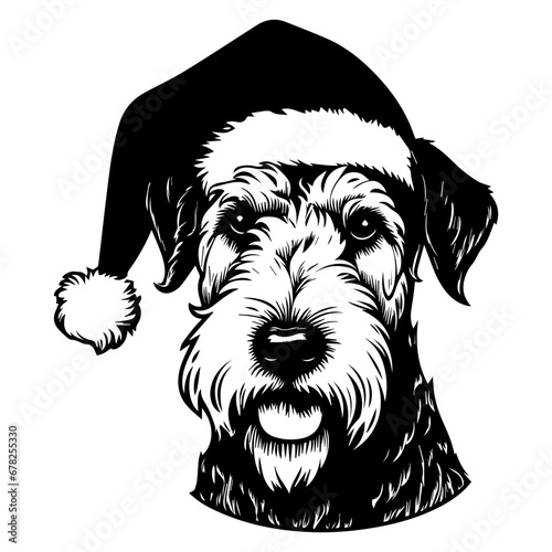 Cute Airedale Terrier Dog wearing Santa hat head, Christmas illustration, Generative AI.