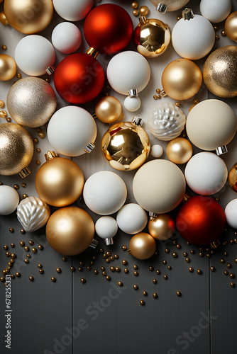 hristmas frame with yellow and red balls, golden festoons. AI generative