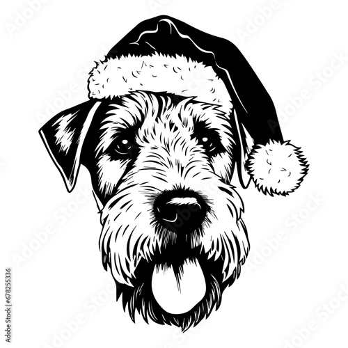 Cute Airedale Terrier Dog wearing Santa hat head, Christmas illustration, Generative AI.