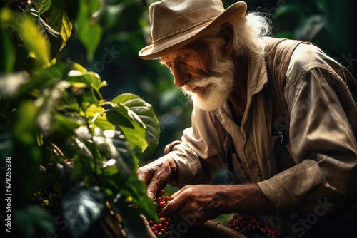 farmer harvests ripe coffee beans from organically grown Arabica and Lobusta coffee trees,Robusta and arabica coffee berries with agriculturist ,generative Ai