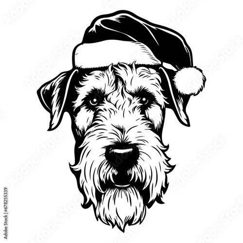 Cute Airedale Terrier Dog wearing Santa hat head, Christmas illustration, Generative AI.