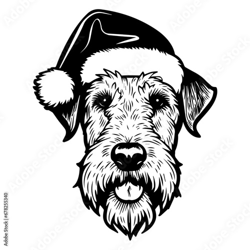 Cute Airedale Terrier Dog wearing Santa hat head, Christmas illustration, Generative AI.